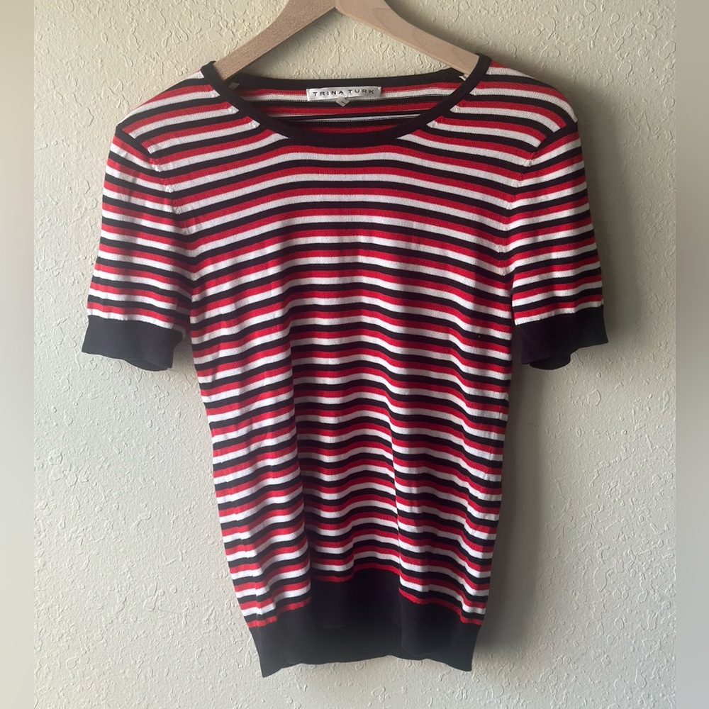 TRINA TURK Red, White, and Black Striped Ribbed Knit Top M